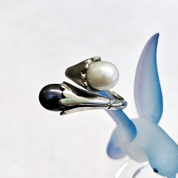 Akoya & Tahitian Pearl 925 Sterling Silver Bypass Ring TARA T&S *RARE - Picture 5 of 15